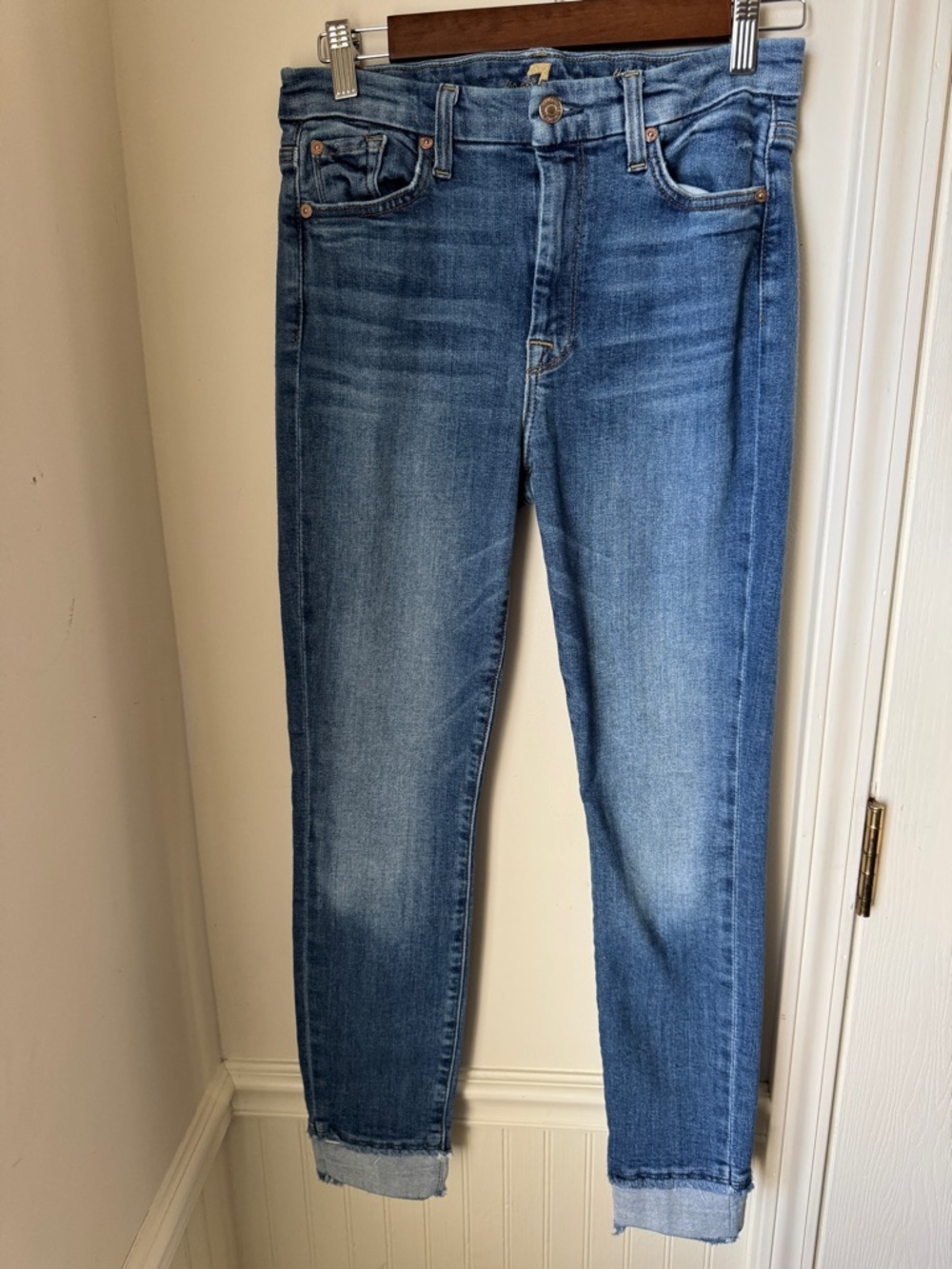 7 For All Mankind Blue The High Waist Ankle Skinny Jeans Size 28